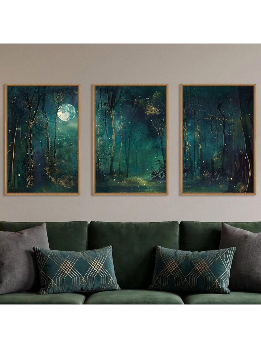 Dark Green Night Sky Framed Canvas Wall Art Set - 3-Piece Home Decor, 16"x24